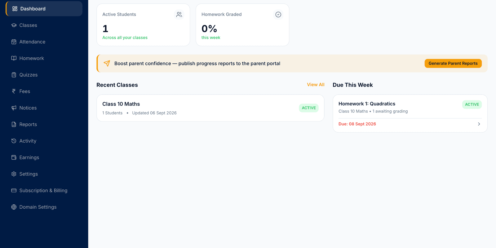 Tutor dashboard showing active students, homework graded, recent classes and homework due this week