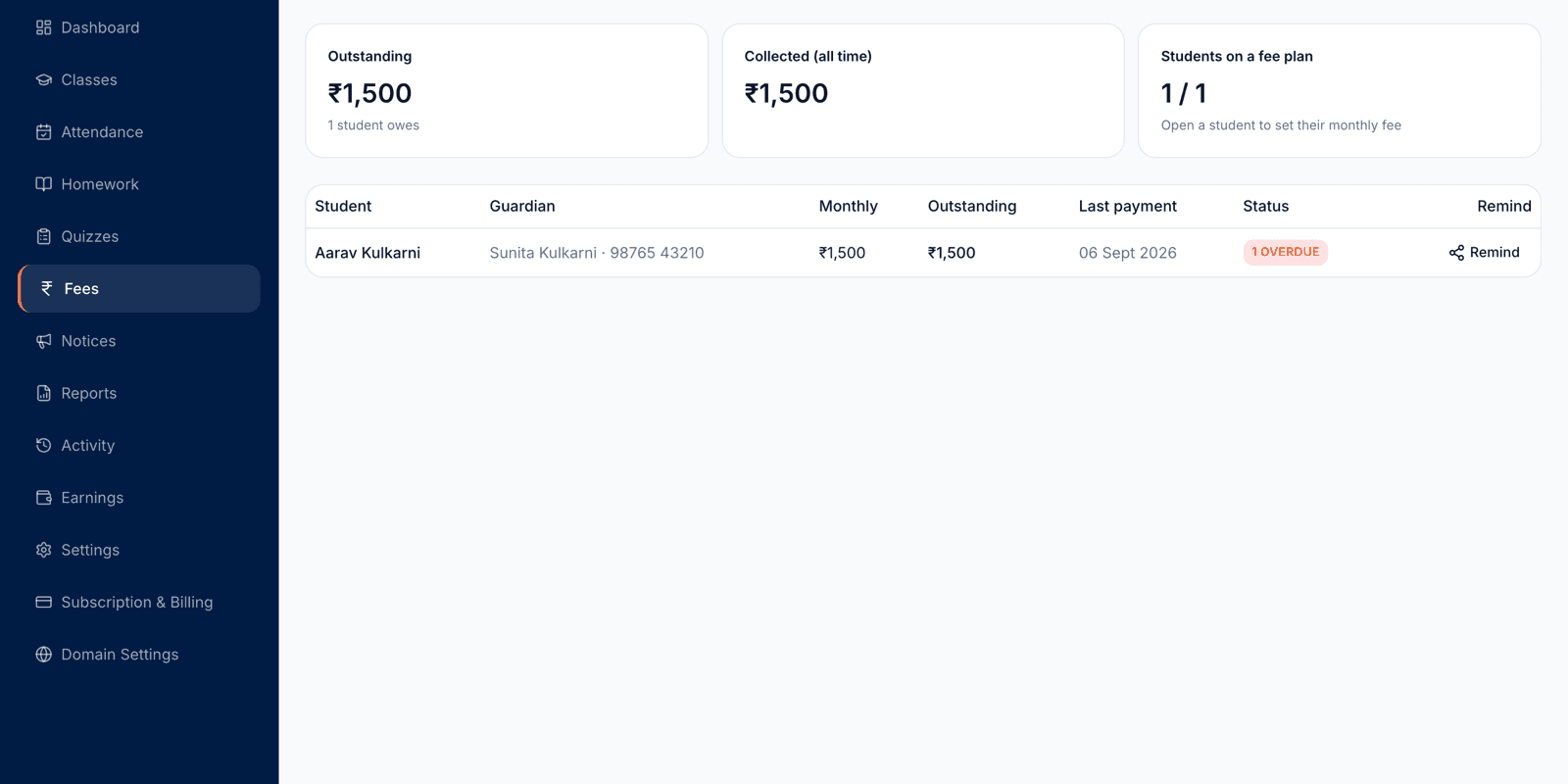 Fees screen showing outstanding and collected totals and a student row with guardian, monthly fee, outstanding amount and overdue status